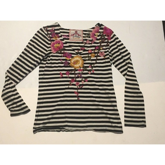 JWLA Johnny Was Los Angeles Top Womens XS Green Striped Floral Embroidered Shirt - Picture 3 of 4